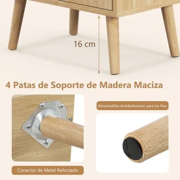 Mesa de cabeceira 45 x 30 x 61 cm de vime com gaveta e porta decorado com pernas de madeira maciça Natural