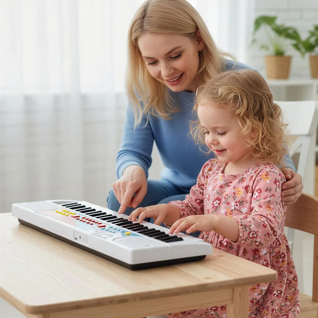 Teclado de piano para crianças elétrico portátil de 49 teclas com 8 ritmos, 8 tons e 10 demonstrações Instrumento musical branco