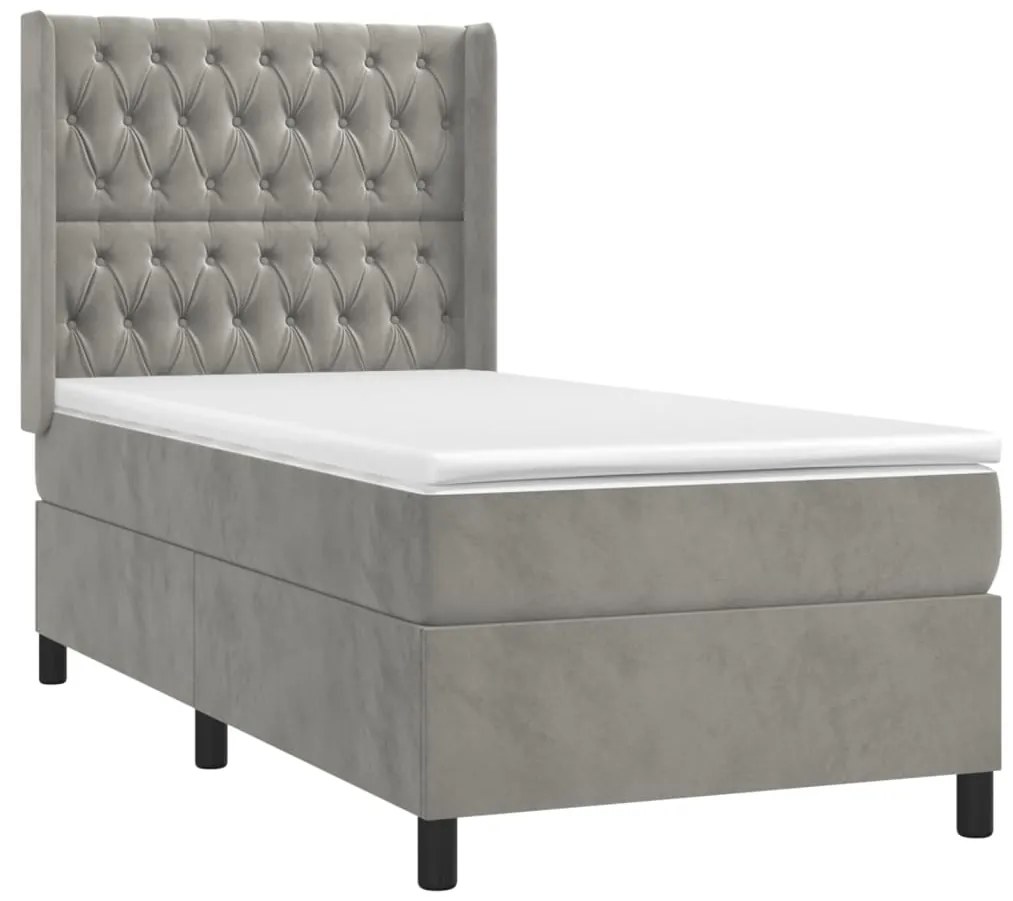 Cama box spring c/ colchão/LED 100x200 cm veludo cinzento-claro