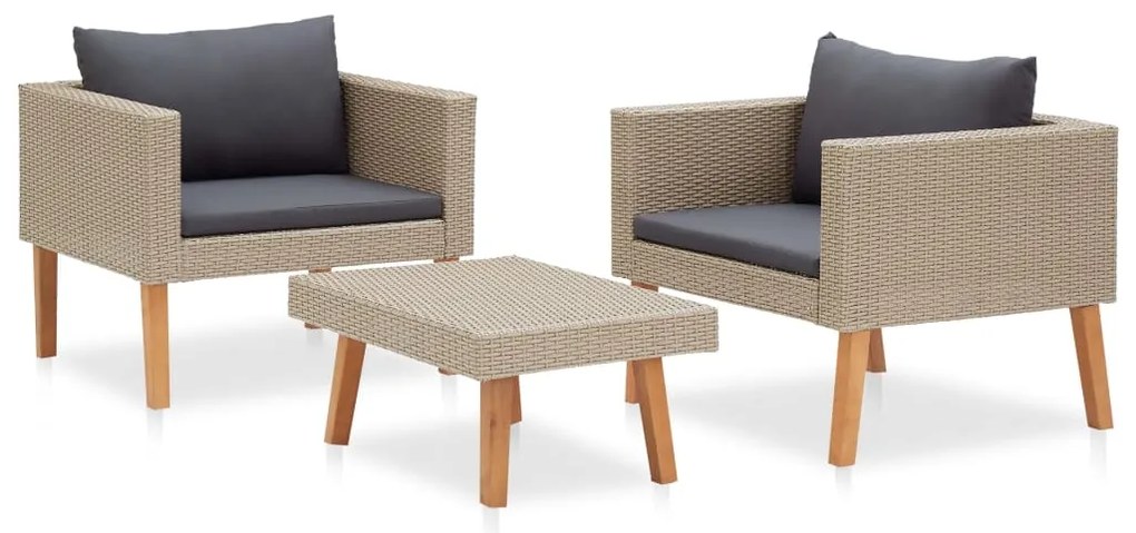 3 pcs conjunto lounge de jardim c/ almofadões vime PE bege
