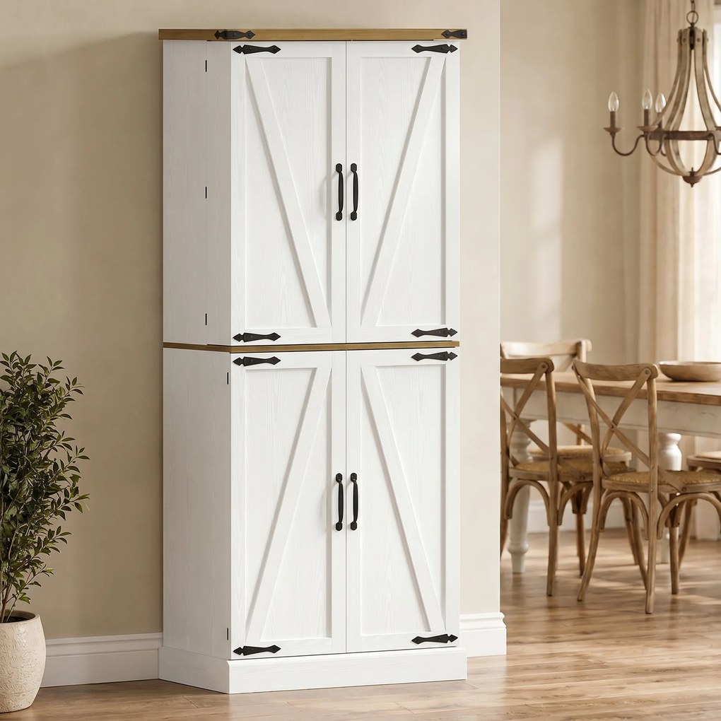 Armário cozinha 76 x 40 x 182 cm 4 portas, 3 gavetas, 8 suportes para prateleiras e prateleiras ajustáveis, 76 x 40 x 182 cm, branco
