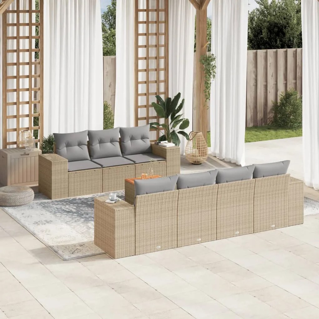 8 pcs conjunto de sofás p/ jardim com almofadões vime PE bege