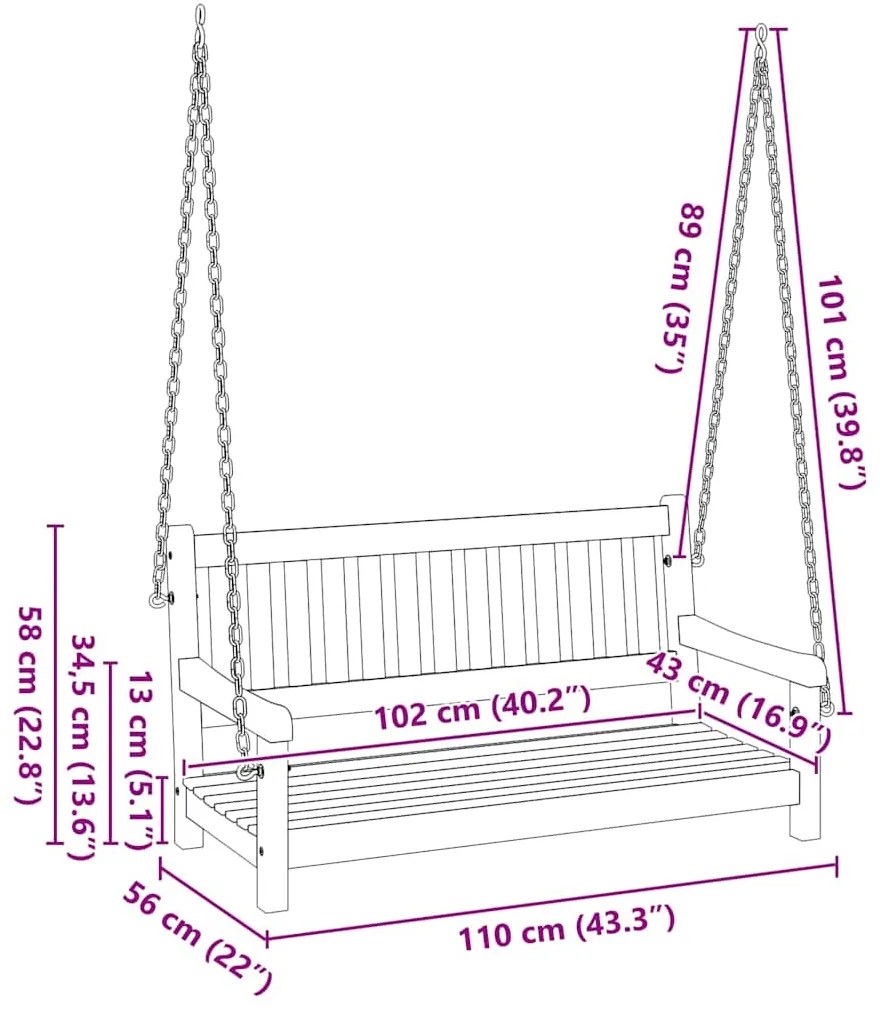 Banco de Balanço de Jardim para 2 Pessoas 110x56x58 cm Madeira Sólida