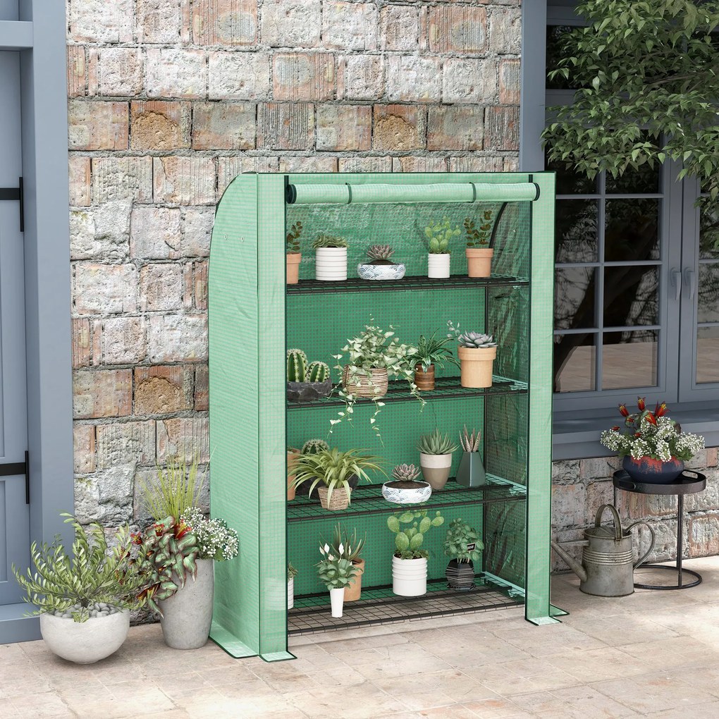Mini estufa de jardim 120 x 50 x 170 cm de 4 andares com lona de PE reforçada, porta enrolável e prateleiras verde