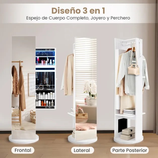 Espelho Armário para joias giratório 360 ° com cabide espelhado independente e luzes LED 50 x 50 x 166,5 cm branco