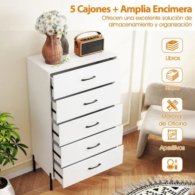 Comoda alta com 5 gavetas 71 x 40 x 125 cm, pés e puxadores de metal com gavetas Branco