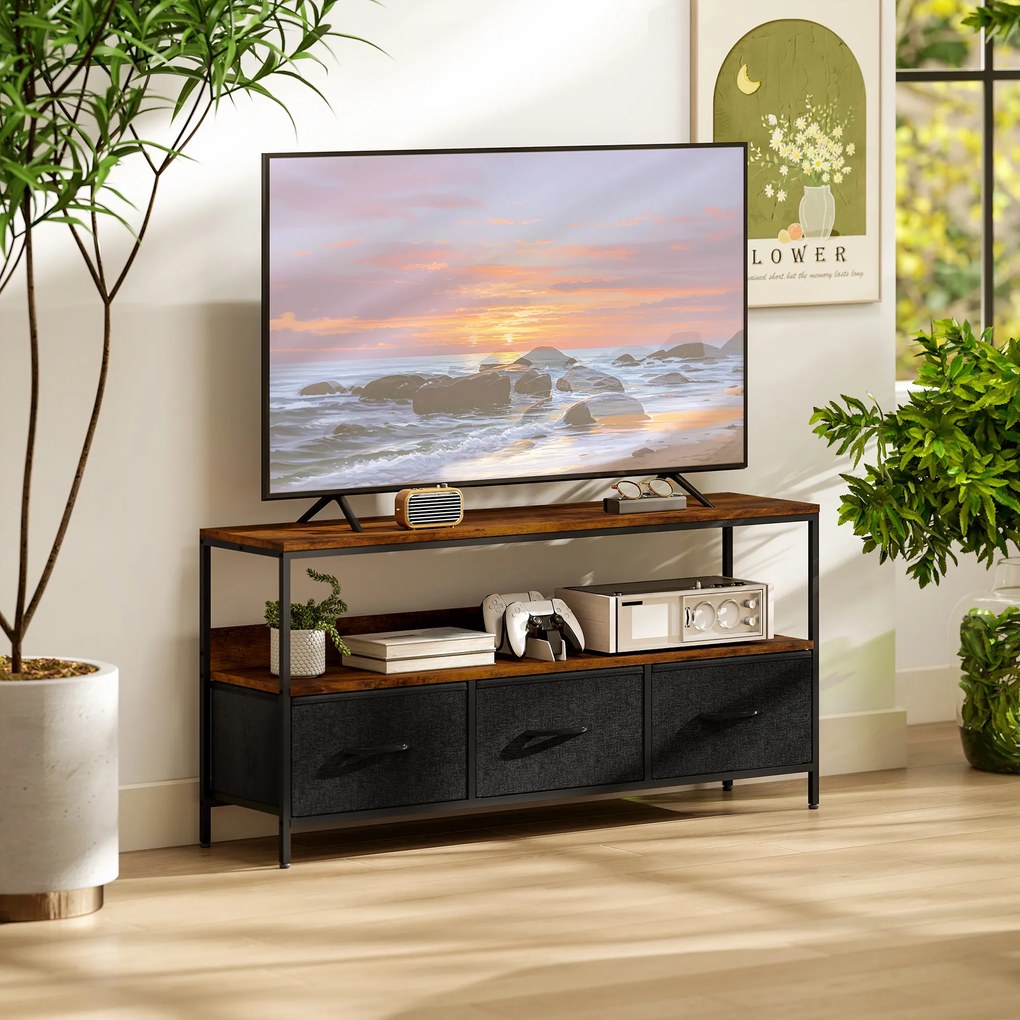 Móvel de TV, móvel para televisores até 55 polegadas, com 3 gavetas e pés em aço, 120 x 29 x 56 cm, castanho rústico