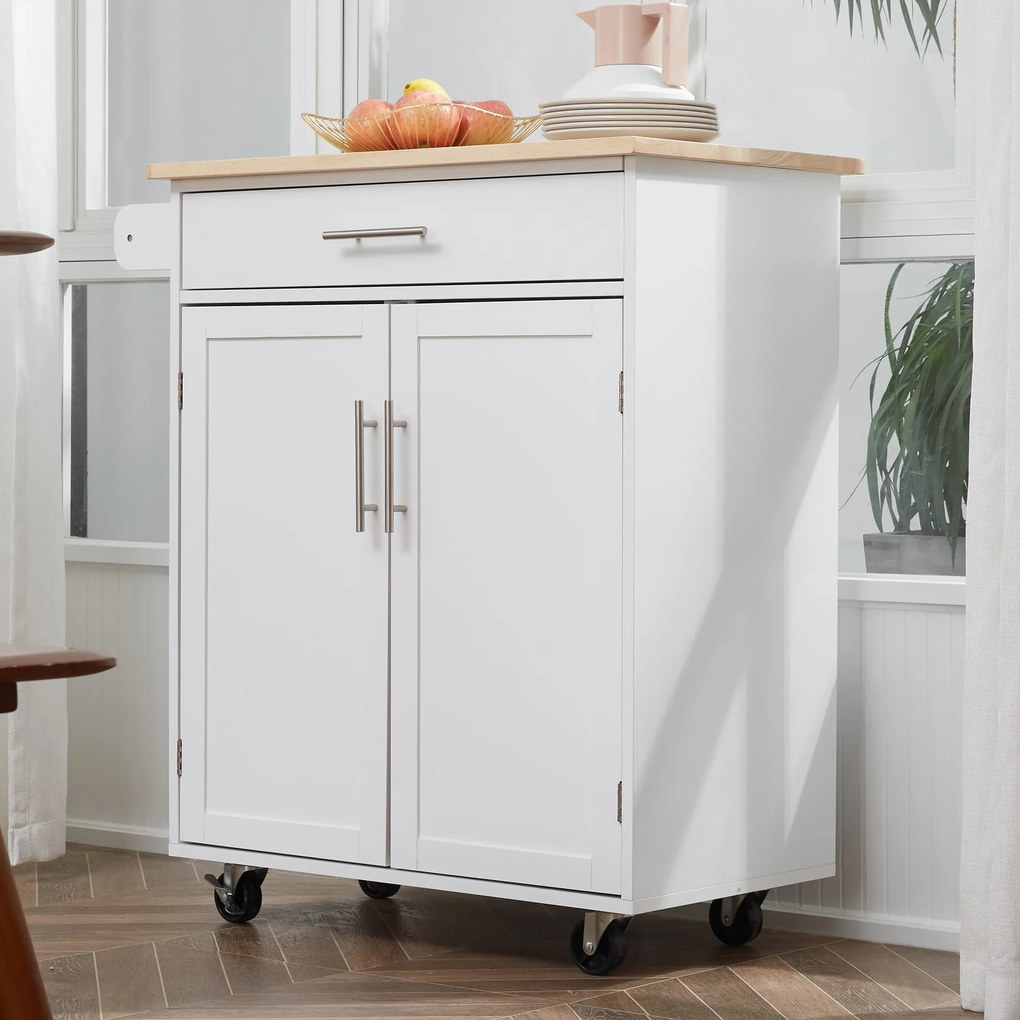 Carro de serviço de cozinha com rodas Ilha de cozinha com gaveta de armário e suporte para panos de cozinha - branco