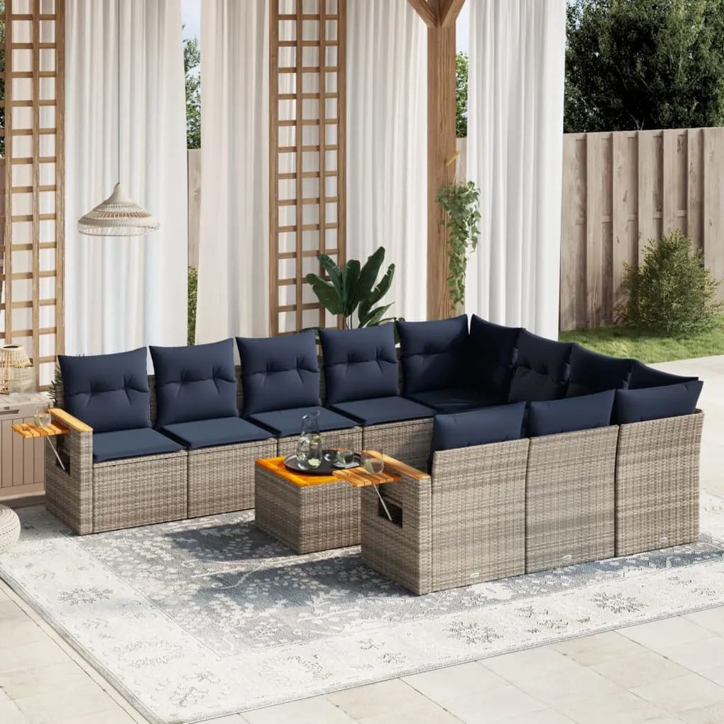 11 pcs conjunto sofás de jardim c/ almofadões vime PE cinzento