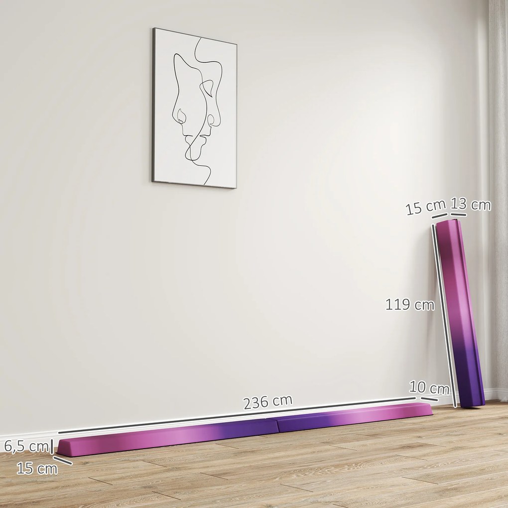 Trave de Ginástica Dobrável, 236 x 15 x 6,5 cm, Núcleo em Espuma EVA, Violeta