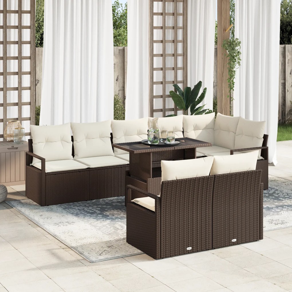 Conjunto de Sofá de Jardim com 9 Peças e Almofadas Castanho Rattan Poliéster