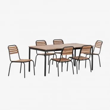Conjunto De Mesa Retangular Artus 160x90 Cm E 6 Cadeiras De Jardim Empilháveis Em Aço E Madeira De Acácia Preto - Sklum