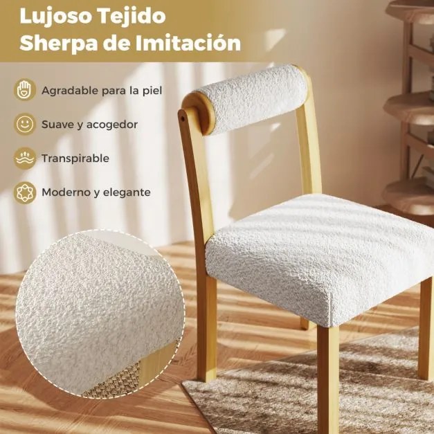 Conjunto de 2 cadeiras de jantar estofadas em sherpa sintética com estrutura em madeira de borracha Natural+Branco