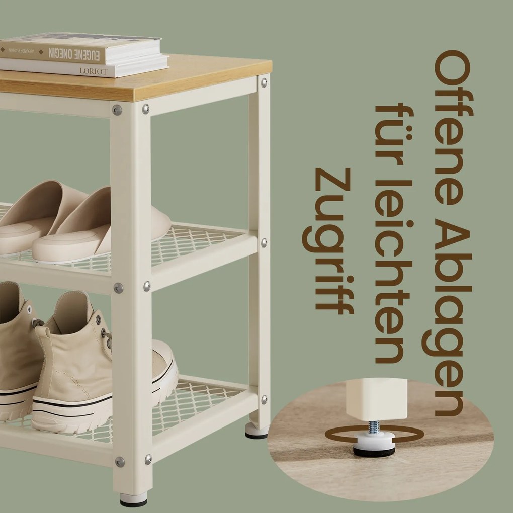 Banco para sapatos com 2 prateleiras em rede, sapateira, 30 x 73 x 45 cm Bege-branco