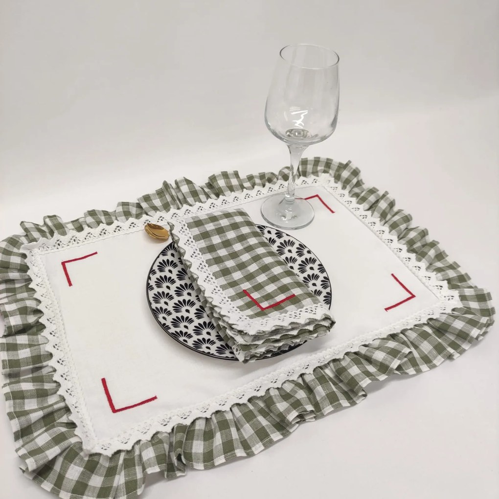 Individual, Guardanapo e Caminho de Mesa Verde Charme Linho JOL