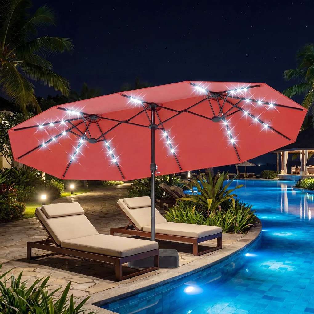 Guarda-sol duplo 460 x 285 cm com 48 luzes LED, 3 aberturas de ventilação, 12 varas, base e manivela para jardim, terraço e piscina – Laranja