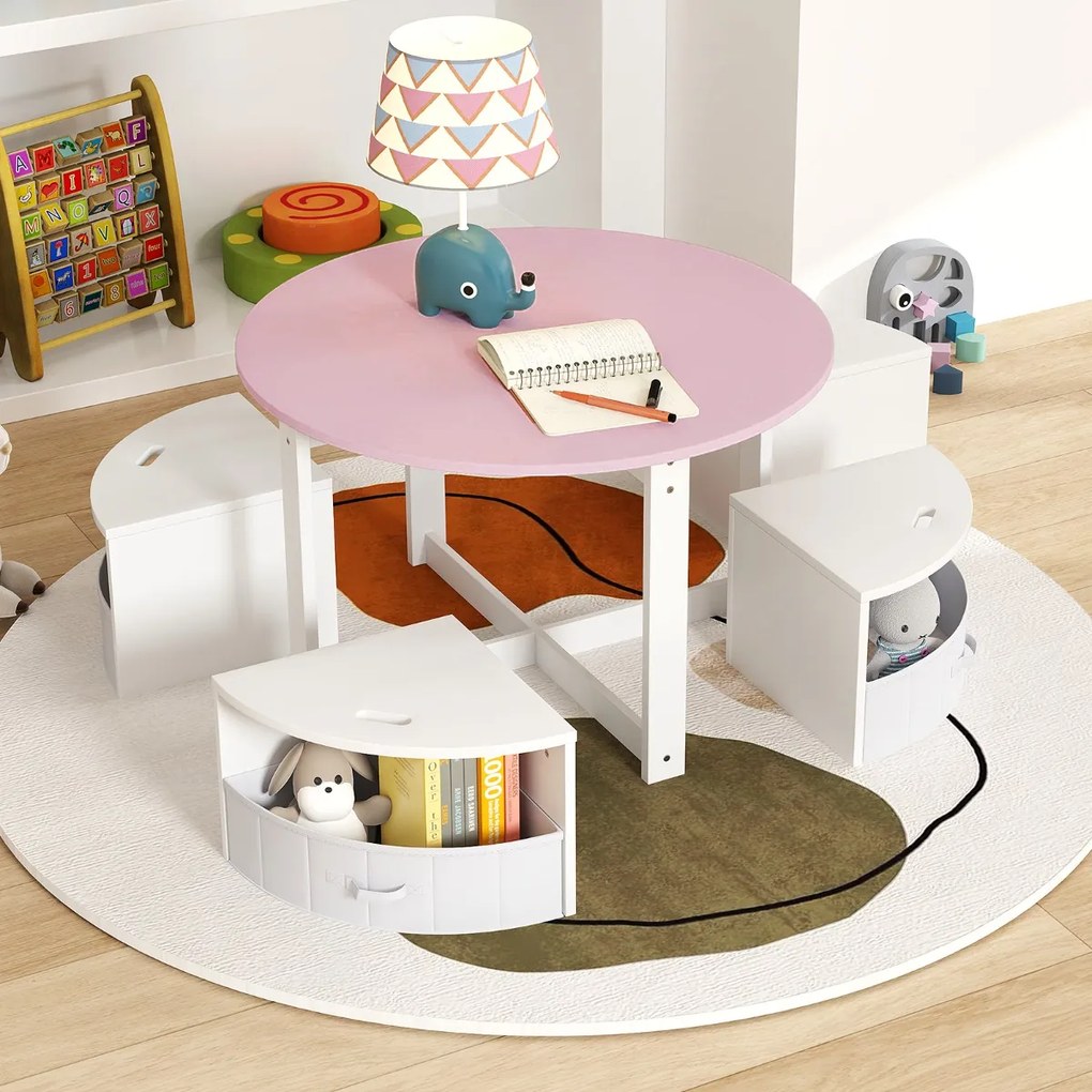 Conjunto de mesa redonda e 4 bancos com 4 caixas de tecido para atividades artísticas e de leitura para crianças Rosa
