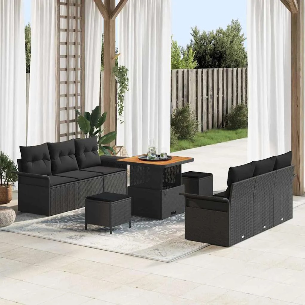 vidaXL Conjunto de Sofá de Jardim da com 9 peças e almofadas pretas em rattan sintético e acácia