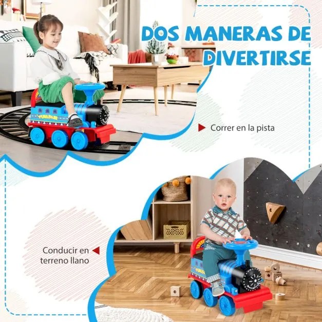 Comboio de 6V com 16 peças de carris para crianças com luzes e sons Pedais retrácteis para crianças com mais de 3 anos Azul Escuro