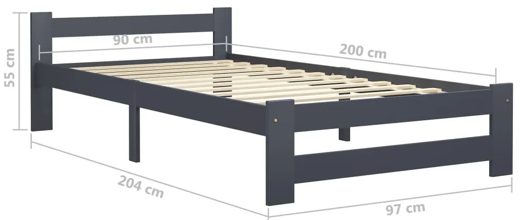 Estrutura de cama 90x200 cm madeira pinho maciço cinza-escuro