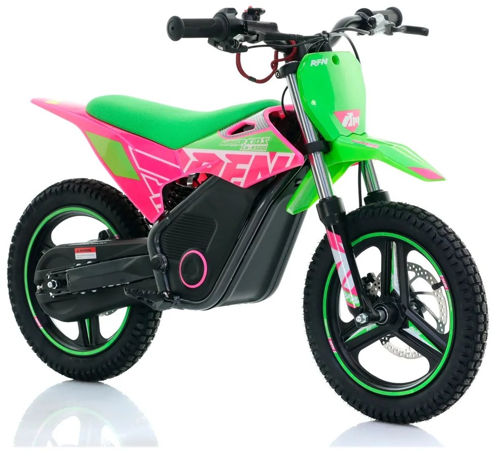 Mini moto elétrica para crianças velocidade até 35Km/h C/Limitador RFN Warrior SX-E500 500W 36V 14/14” Verde e Rosa