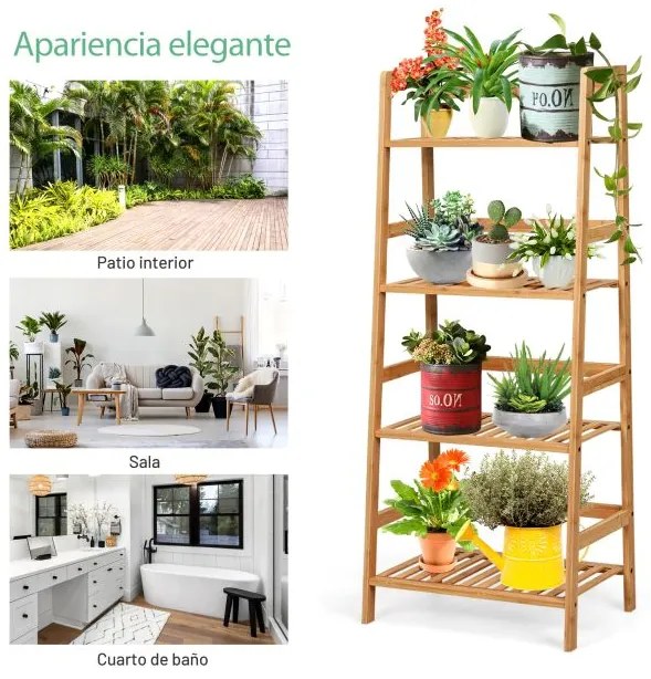 Estante forma de Escada Multiusos de Bambu com 4 Níveis Decoração de Sala Cozinha Casa de Banho 48 x 32 x 115 cm Natural