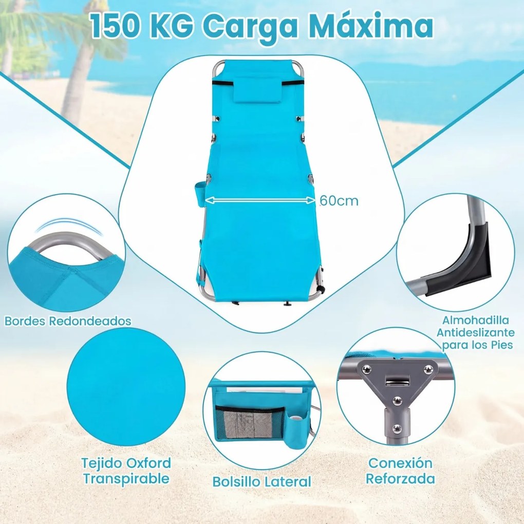 Conjunto de 2 Espreguiçadeiras de Praia Dobráveis, 166 x 60 x 35 cm, Encosto e Apoio para os Pés Ajustáveis, Azul