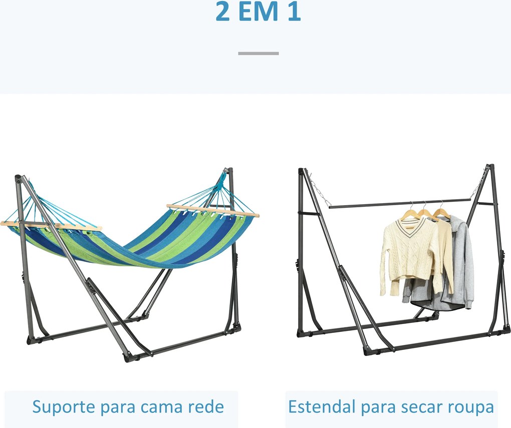 Cama Rede com Suporte Dobrável 2 em 1 Estendal com Barra Estrutura de Aço para Jardim 270x100x94 cm Azul e Verde