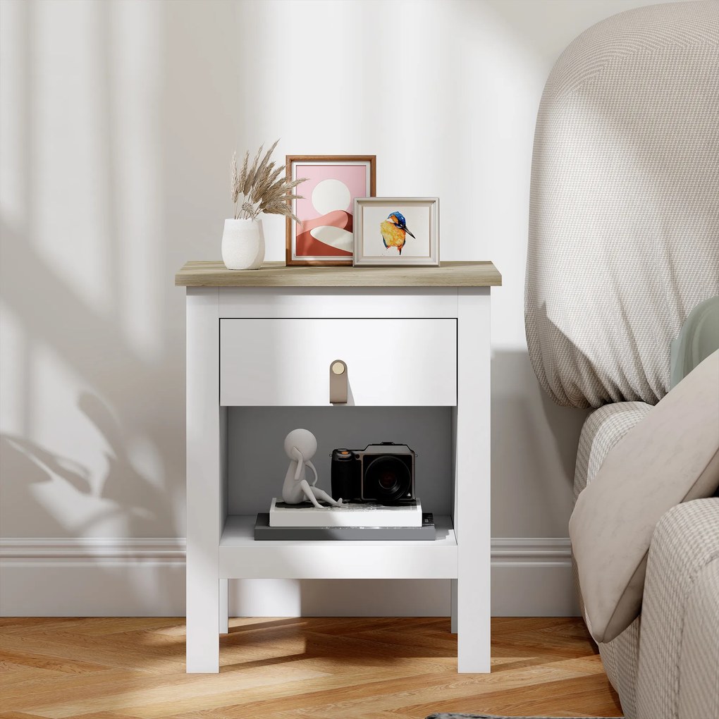Mesa de Cabeceira Moderna Mesa de Cabeceira com 1 Gaveta Compartimento Aberto Puxador de PU  45x40x55 cm Branco