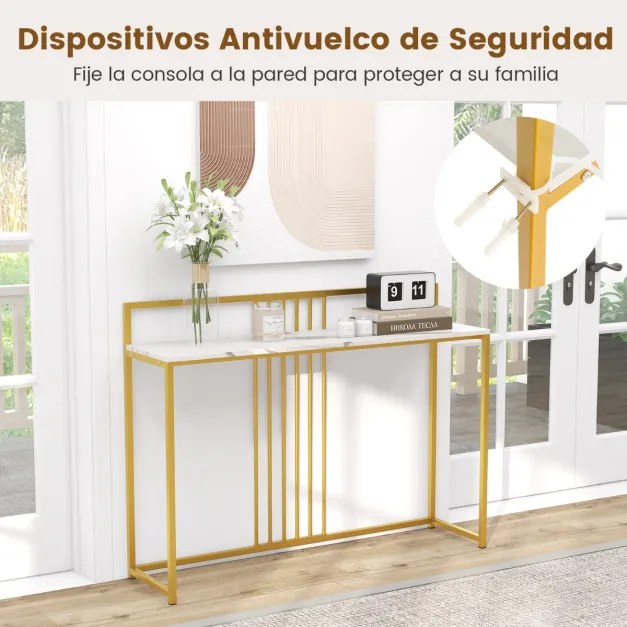 Mesa Consola de entrada com superfície em mármore artificial e estrutura em metal dourado 120 x 32 x 89 cm Branco + Dourado