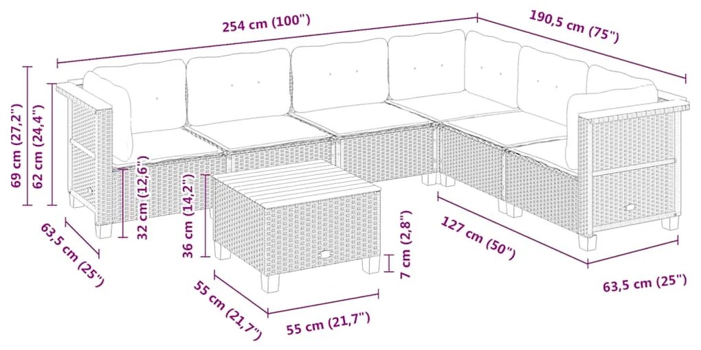 7 pcs conjunto de sofás p/ jardim com almofadões vime PE bege