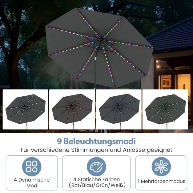 Guarda-sol de 300 cm com iluminação LED solar, 9 modos de iluminação, guarda-sol de jardim com manivela, cinzento