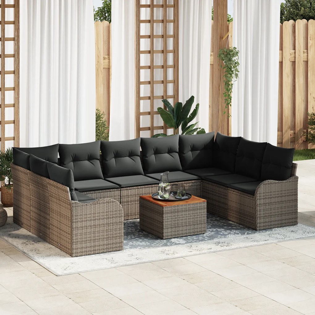 Conjunto de Sofá de Jardim de 10 Peças com Almofadas Cinza Poly Rattan