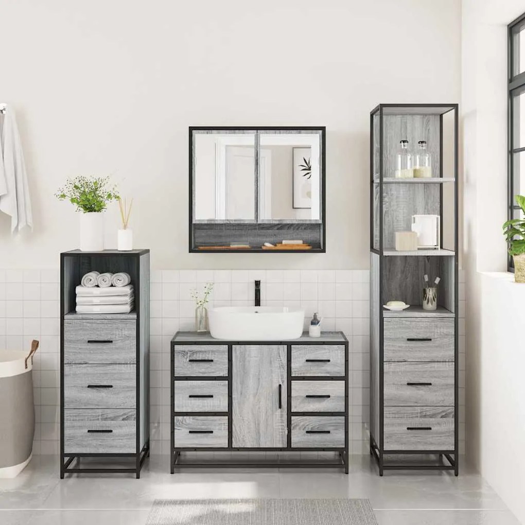 4 pcs Conjunto móveis casa de banho madeira proc. cinza sonoma