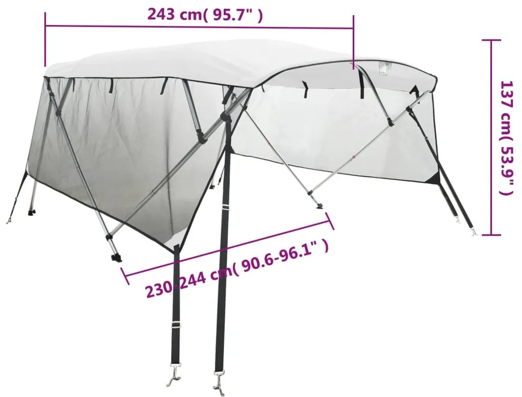 Toldo 4 arcos Bimini paredes malha laterais 243x(230-244)x137cm