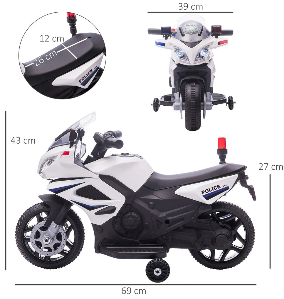 HOMCOM Mota Elétrica Infantil de Polícia Bateria 6V Recarregável para Crianças acima de 18 Meses com Faróis Buzina e Rodas de Equilíbrio Velocidade Máx. 3km/h 69x39x43cm Multicor