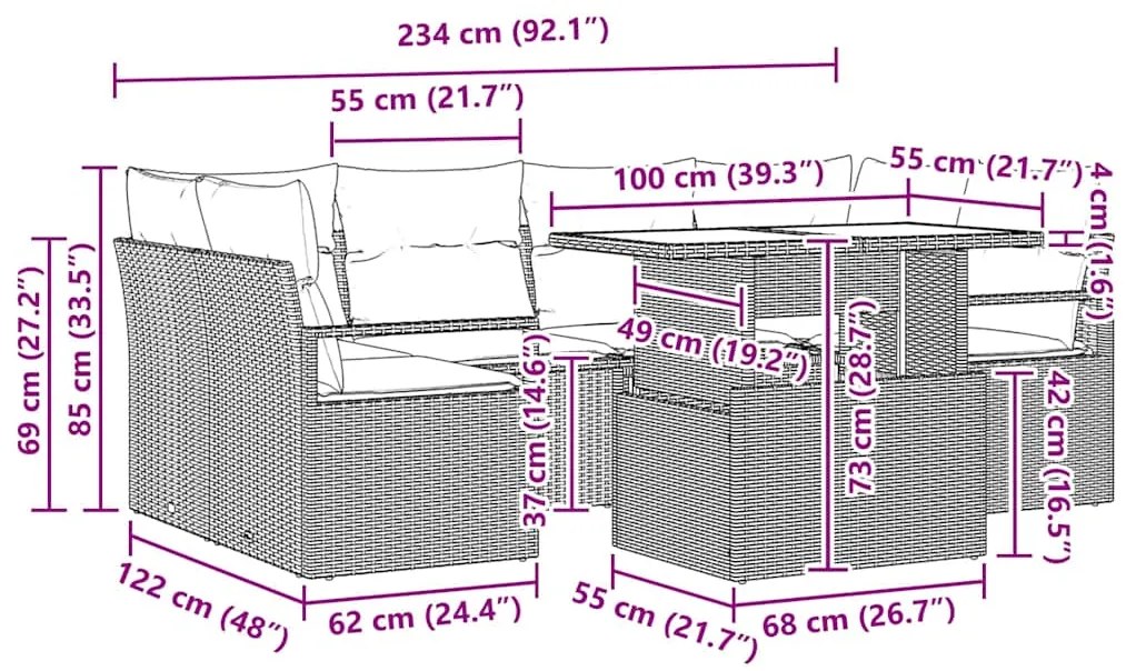 Conjunto de Sofá de Jardim de 7 Peças com Almofadas Bege em Rattan Sin