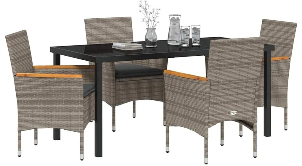 Conjunto de jantar de jardim de 5 peças com almofadas cinzas em rattan