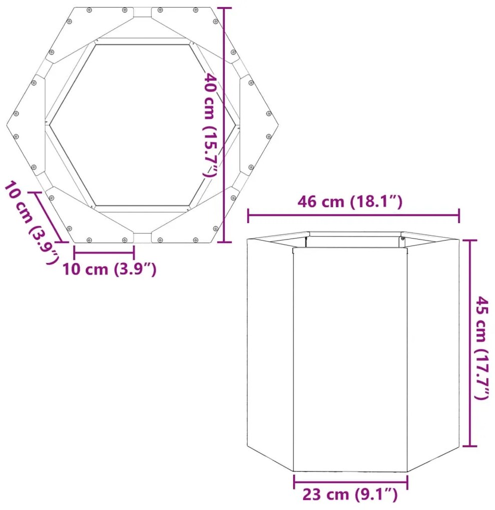 Vaso/floreira de jardim hexagonal 46x40x45 cm aço antracite