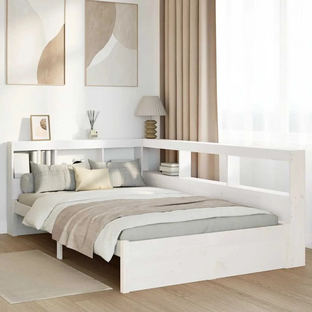 vidaXL Cama com estante sem colchão 120x190 cm pinho maciço branco