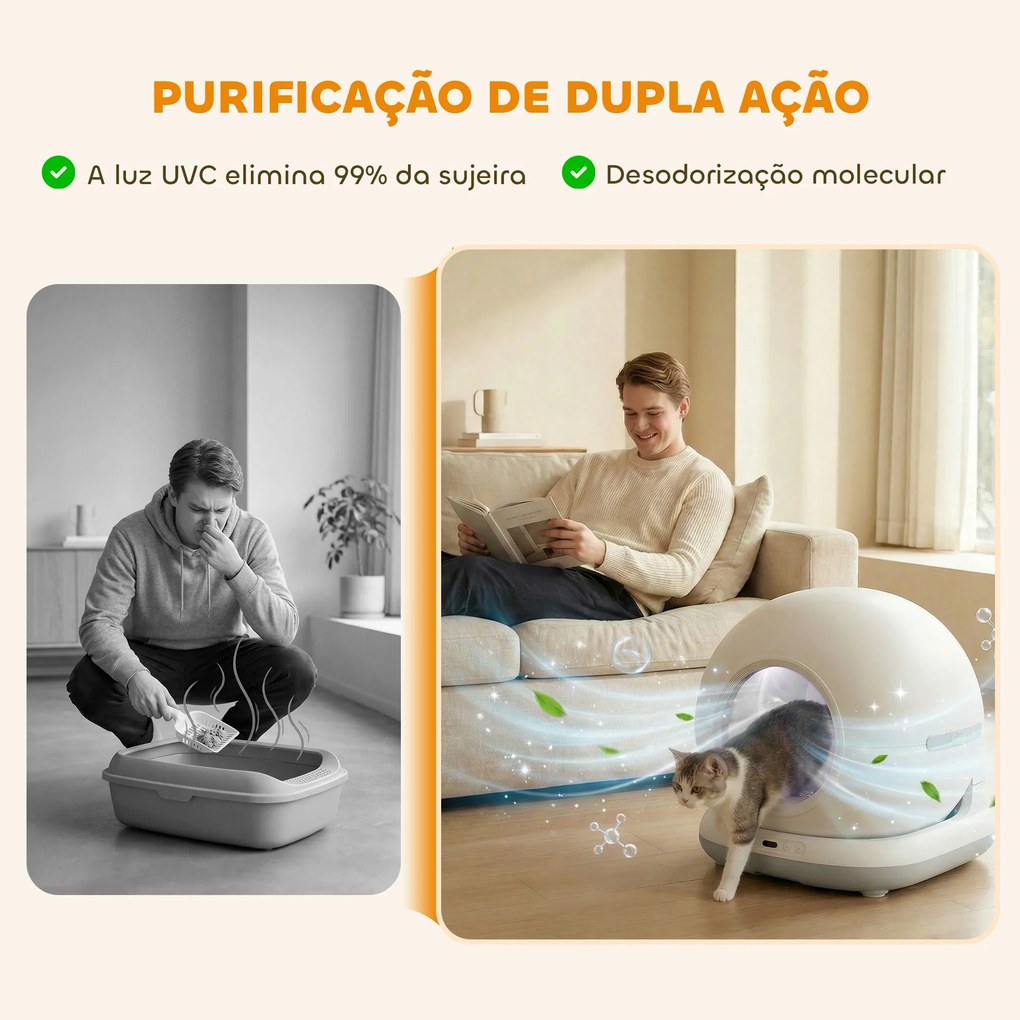 Caixa de Areia Autolimpante 7 L Extra Grande Controlo por APP Purificação de Odores e Ruído Sensores de Segurança Tapete