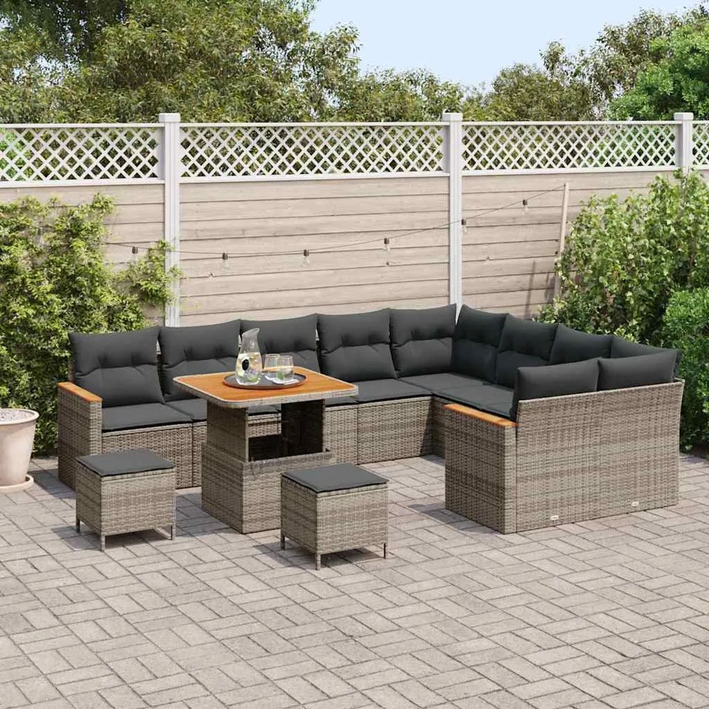 Conjunto de Sofá de Jardim vidaXL com Almofadas Cinza Rattan Poliéster
