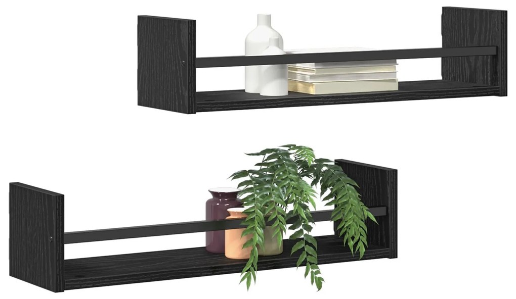 Prateleiras de Parede 2 pcs Preto Carvalho 60x16x14 cm Madeira de Enge