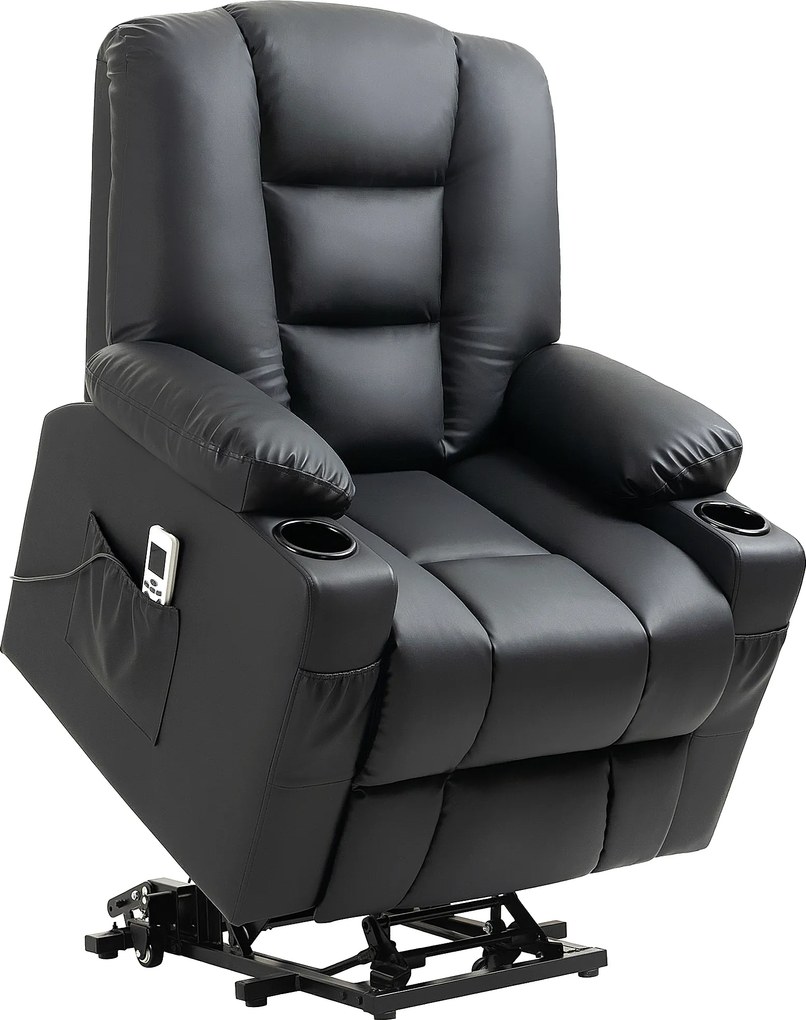 HOMCOM Poltrona relax com auxílio de elevação, USB, função de massagem, couro sintético, até 150 kg, 90x98x102 cm, Preto | Aosom Portugal