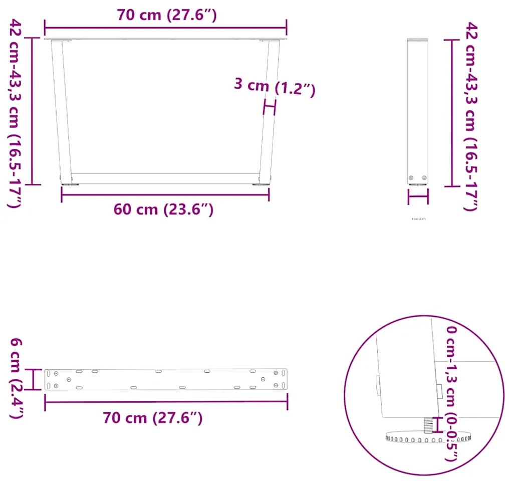 Pés para mesa de centro em V, 2 peças, antracite, 70x (42-43,3) cm, aç