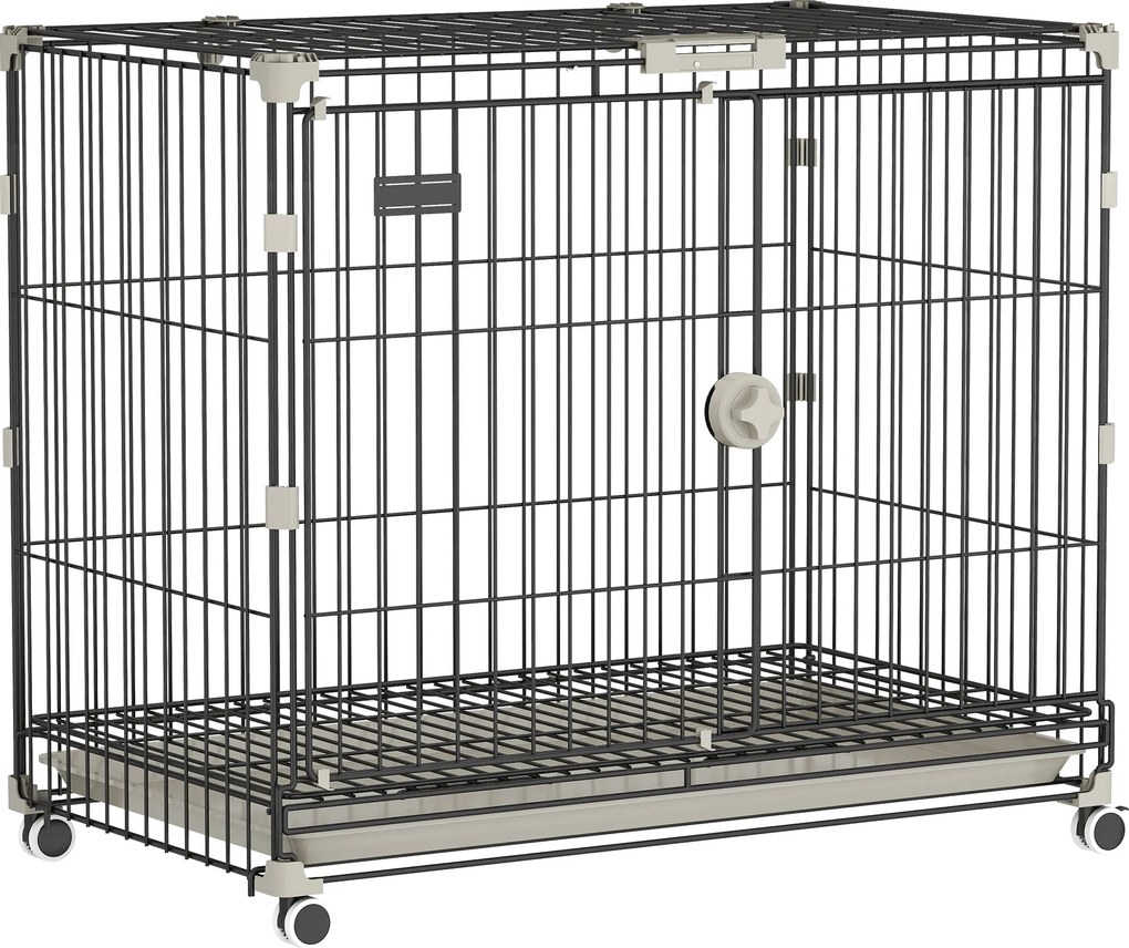 PawHut Gaiola para Cães Dobrável, Bandeja Removível, Rodas com Travas, Teto Abrível, Porta de Alimentação, 75,5x46x64,5cm, Preto | Aosom Portugal