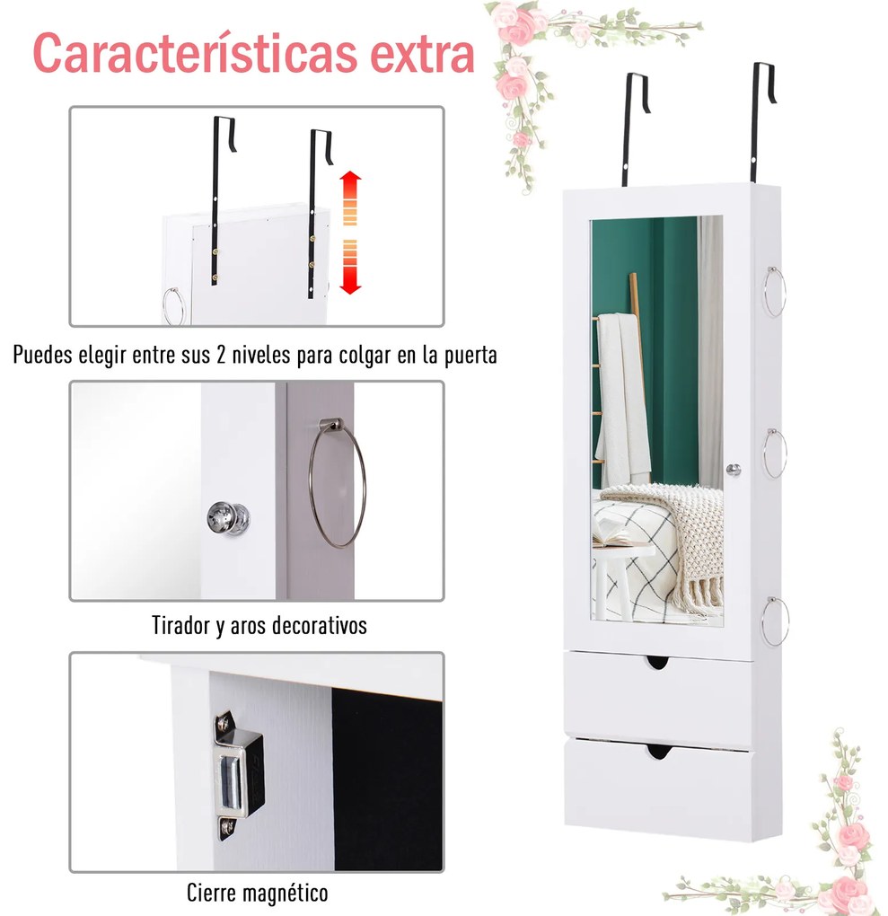 HOMCOM Espelho com Móvel de Bijuterias de Parede ou Porta Armário Porta Jóias com Altura Ajustável 2 Prateleiras Fechadas com Portas e Organizador de Jóias 35,5x9,5x102cm Branco
