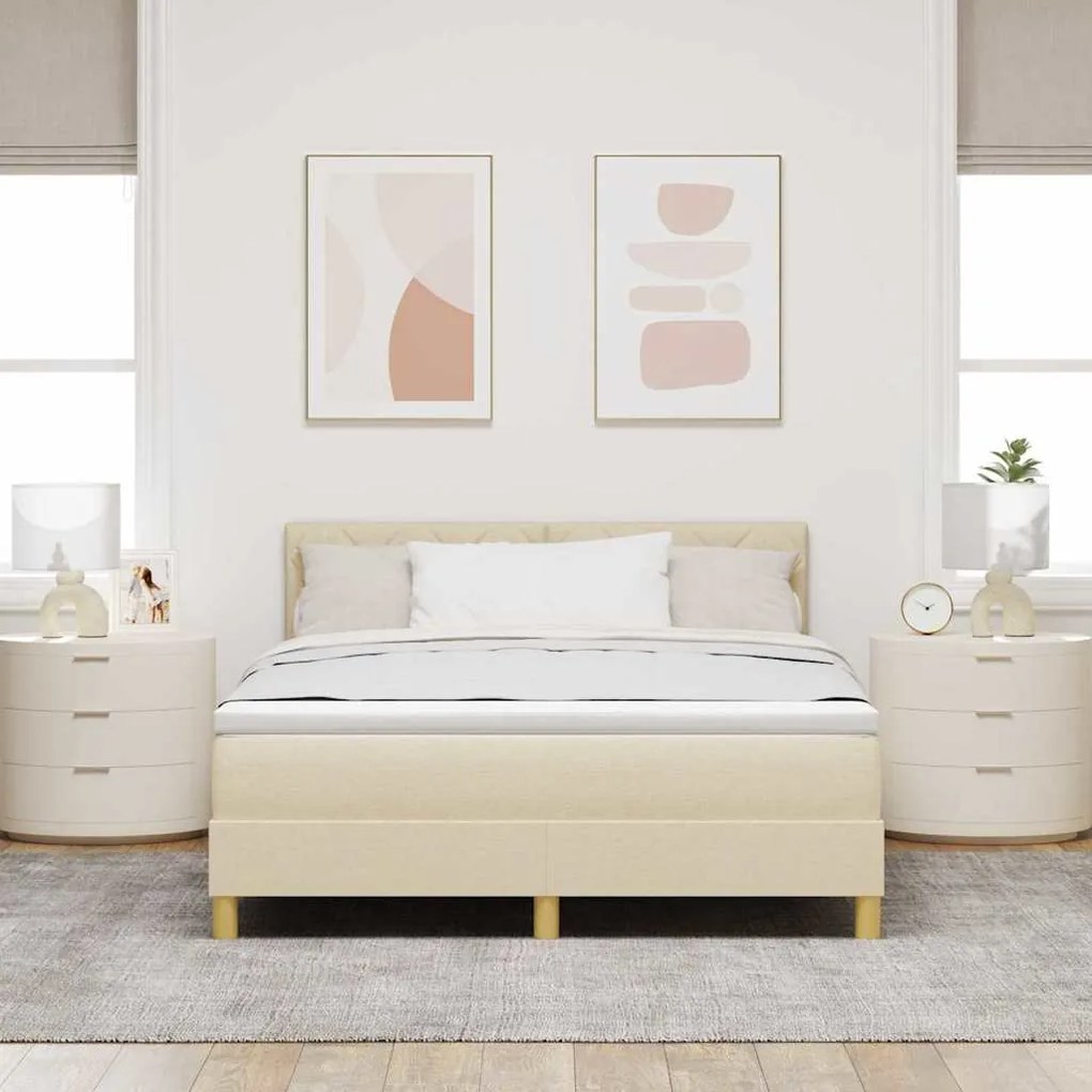 Cama Box Spring com Colchão &amp; LED Creme 140x200 cm Tecido