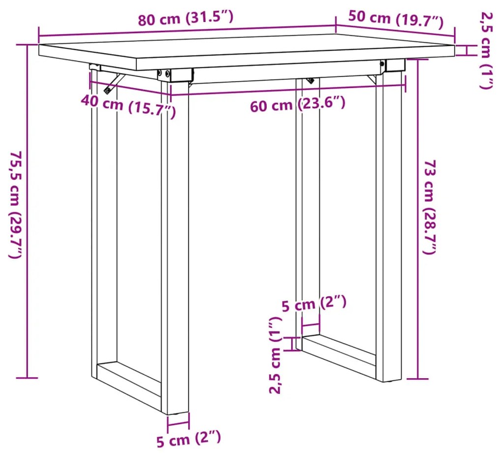 Mesa de jantar estrutura em O 80x50x75,5 cm pinho/aço
