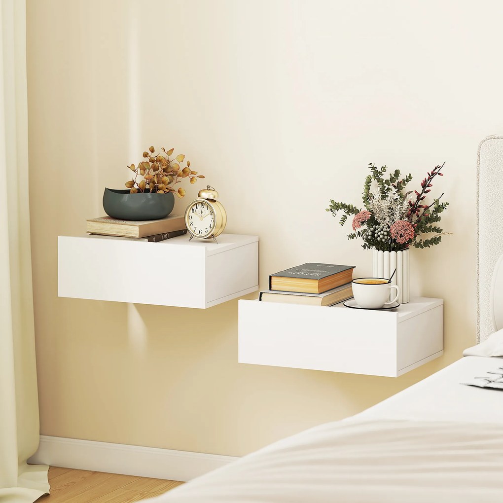 Conjunto de 2 Mesas de Cabeceira de Parede Mesas de Cabeceira Flutuantes com 1 Gaveta para Quarto 40x30x15 cm Branco